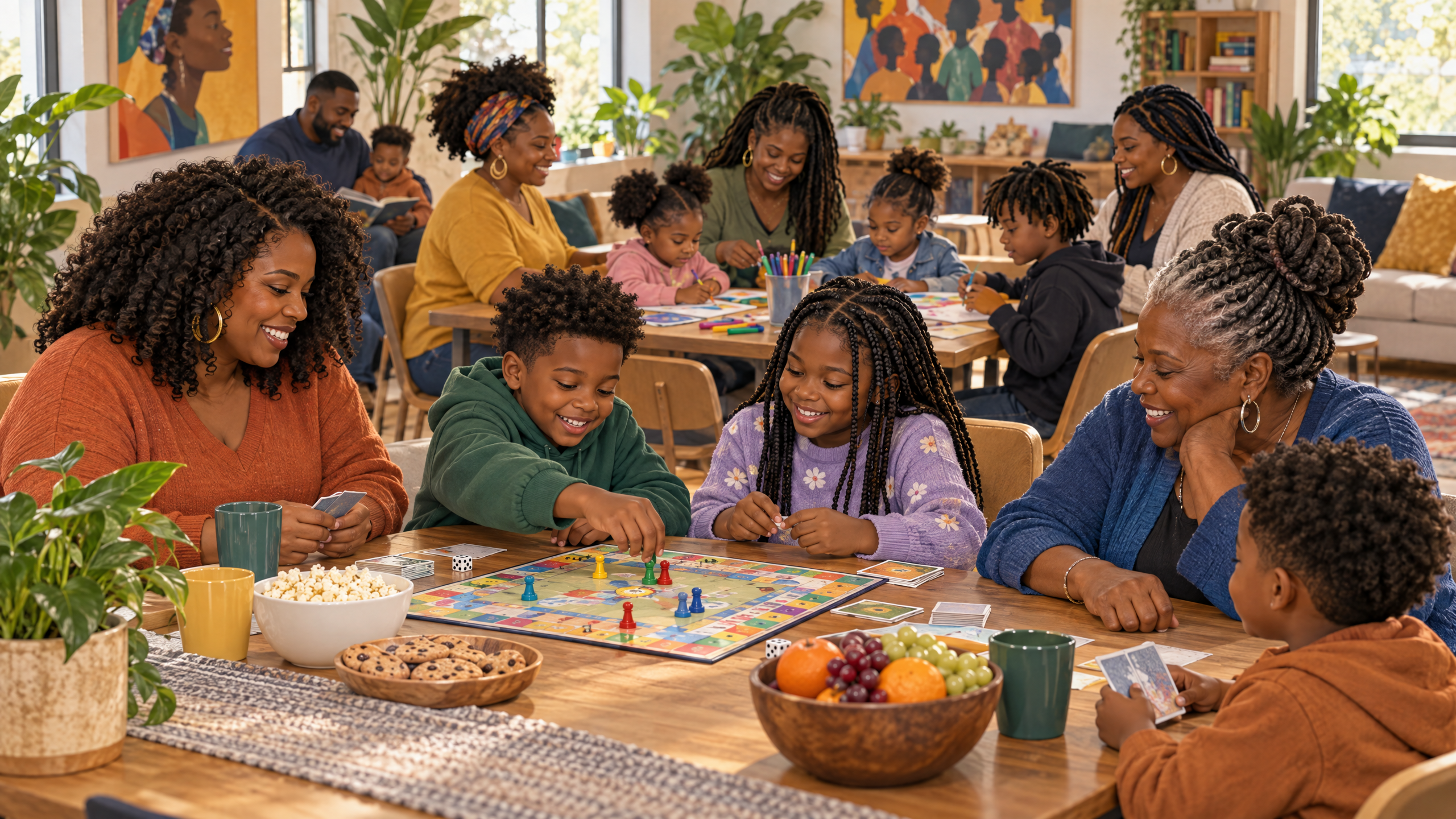 AI-generated illustrative artwork of women, children and families sharing board games and creative activities at a community gathering; not a photo of a RESO event.